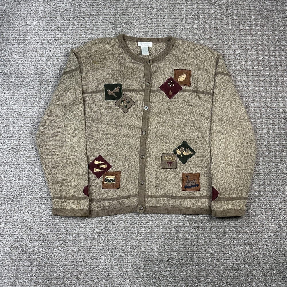 Christopher & Banks 12 Days of Christmas Cardigan Sweater Tan Brown XL